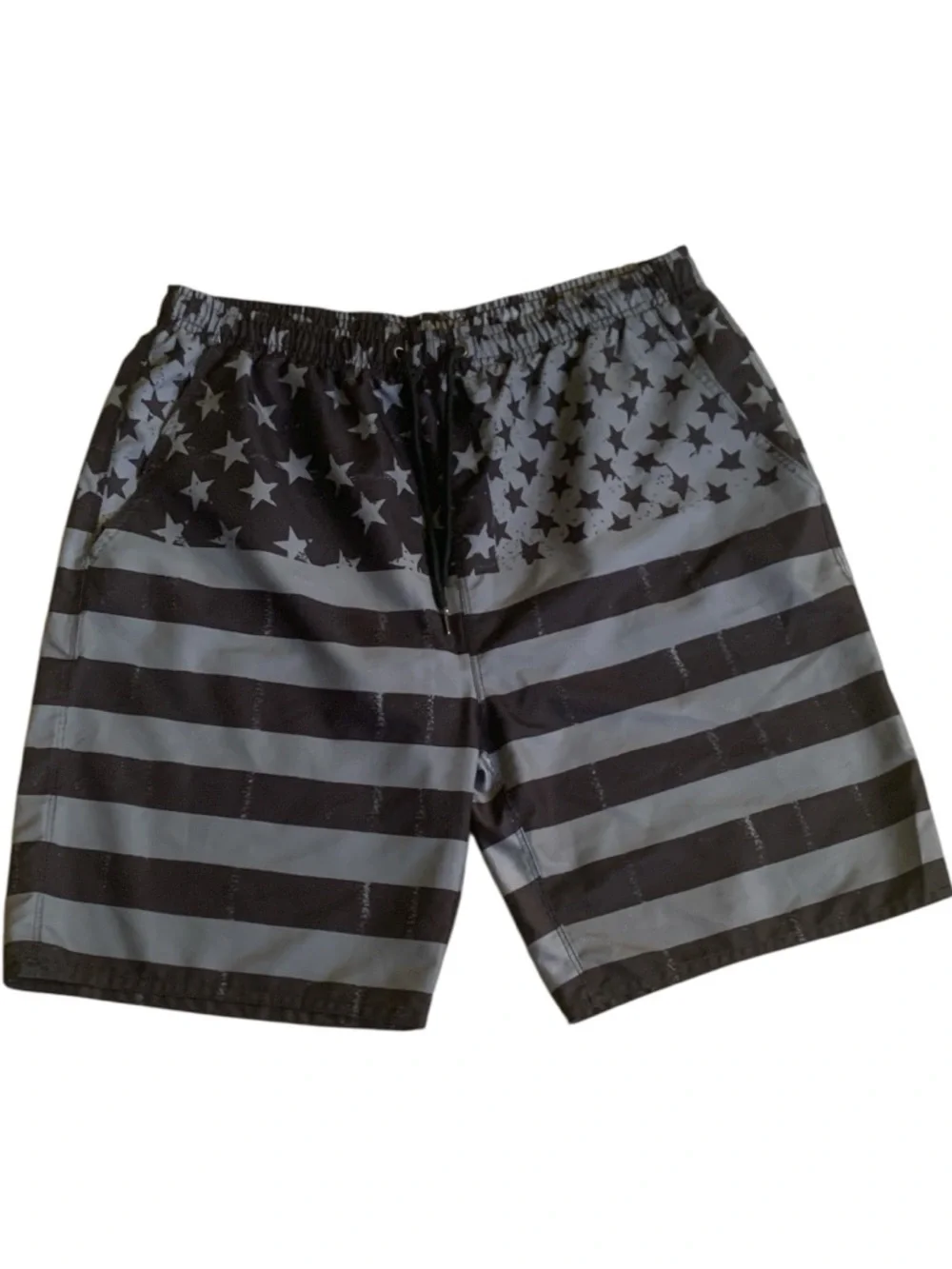 Patriotic Blackout American Flag Swim Trunks Distressed Stars Stripes